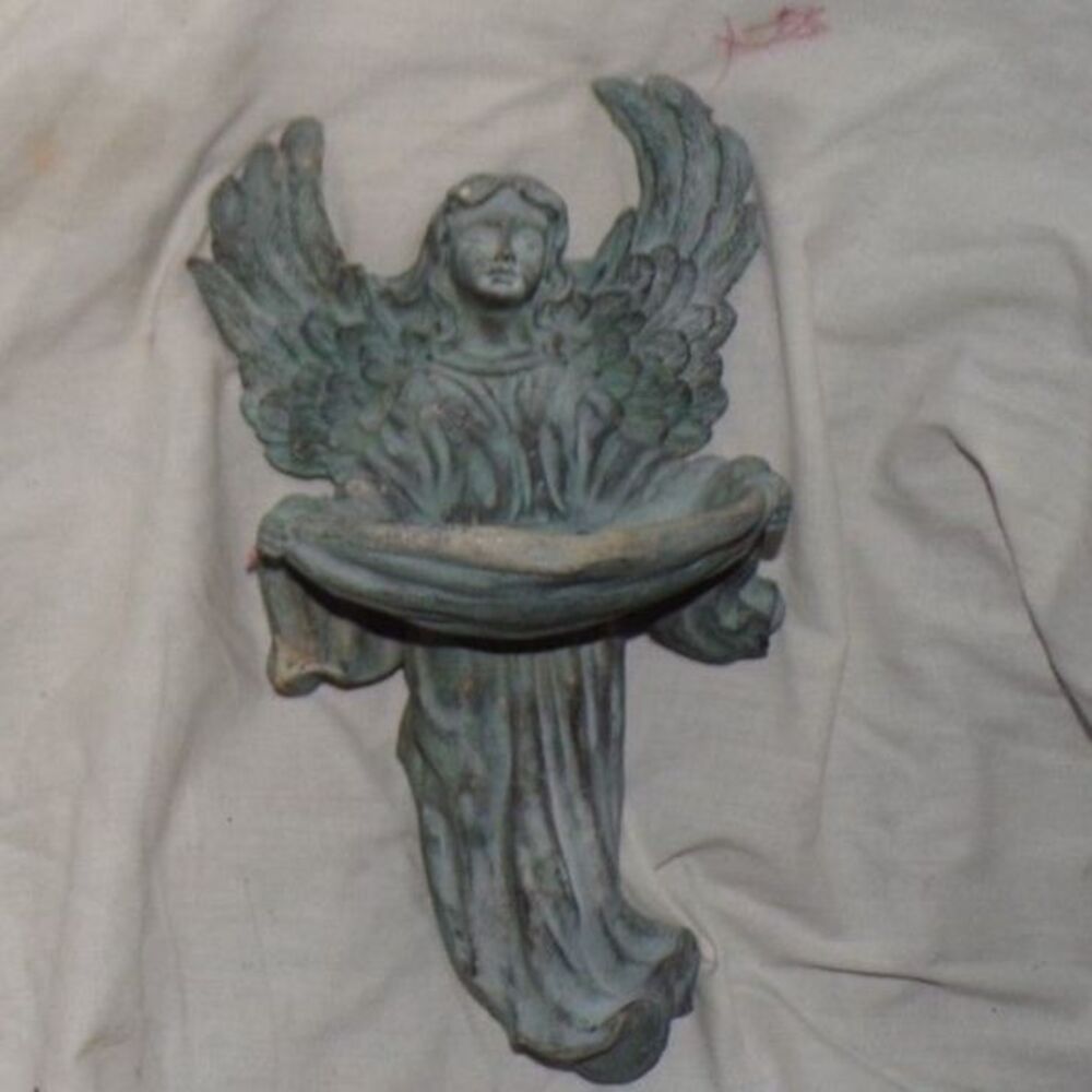 Vintage Green Resin Angel With Holy Water Basin 9.5" Figure Wall Decor Statue